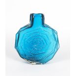 A Whitefriars Kingfisher Blue glass Banjo vase designed by Geoffrey Baxter, moulded textured form,