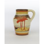 'Coral Firs' a Clarice Cliff Bizarre single-handled Isis jug, painted in colours between grey,
