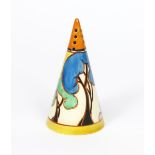'Autumn' a Clarice Cliff Fantasque Bizarre Conical sugar sifter, painted in colours between orange