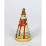 'Coral Firs' a Clarice Cliff Fantasque Bizarre Conical sugar sifter, painted in colours printed