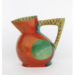 A Flesh Pots jug designed by Morris Rushton, geometric form with angular handle, painted in vivid