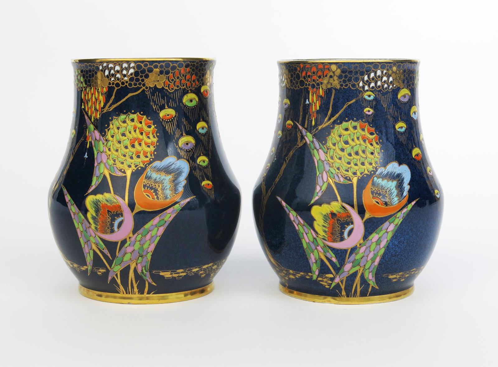 'Devil's Copse' a pair of Carlton Ware vases, pattern no.3787, printed and enamelled in colours - Image 2 of 3