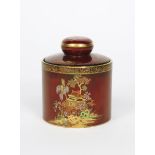 'Rouge Royale' a Carlton Ware tobacco jar and cover made for Dunhill, cylindrical form, printed