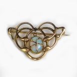An Art Nouveau Barnet Henry Joseph 9ct gold and opal brooch, open wirework form cast as simple