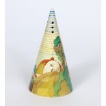 'Brookfields' a Clarice Cliff Conical sugar sifter, painted in colours printed Clarice Cliff mark,