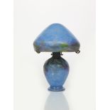 A Moncrieff's Monart Ware glass mushroom lamp and shade, mottled blue glass with green, yellow and