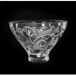 A modern Lalique clear and frosted glass vase, footed, flaring conical form, moulded with birds