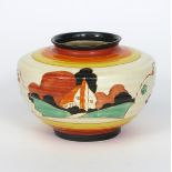 'Farmhouse' a Clarice Cliff Fantasque Bizarre 356 vase, painted in colours between yellow, orange,