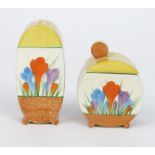 'Crocus' a Clarice Cliff Bizarre Bon Jour sugar sifter, painted in colours, between yellow and brown
