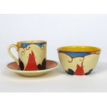 'Summerhouse' a Clarice Cliff Fantasque Bizarre Tankard coffee can and saucer and en suite sugar