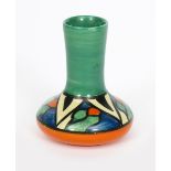 'Double V' a rare Clarice Cliff miniature vase, painted in colours between orange and green bands,