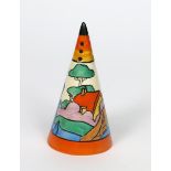 'Orange Roof Cottage' a Clarice Cliff Fantasque Bizarre Conical sugar sifter, painted in colours