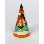 'Farmhouse' a Clarice Cliff Fantasque Bizarre Conical sugar sifter, painted in colours printed