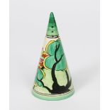 'Green Erin' a Clarice Cliff Conical sugar sifter, painted in colours, between green bands,