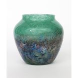 A Moncrieff's Monart Ware glass vase, shouldered form, mottled green shoulder graduating to purple