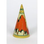 'Solitude' a Clarice Cliff Fantasque Bizarre Conical sugar sifter, painted in colours between yellow