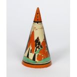 'Orange Trees and House' a Clarice Cliff Bizarre Conical sugar sifter, painted in colours, printed