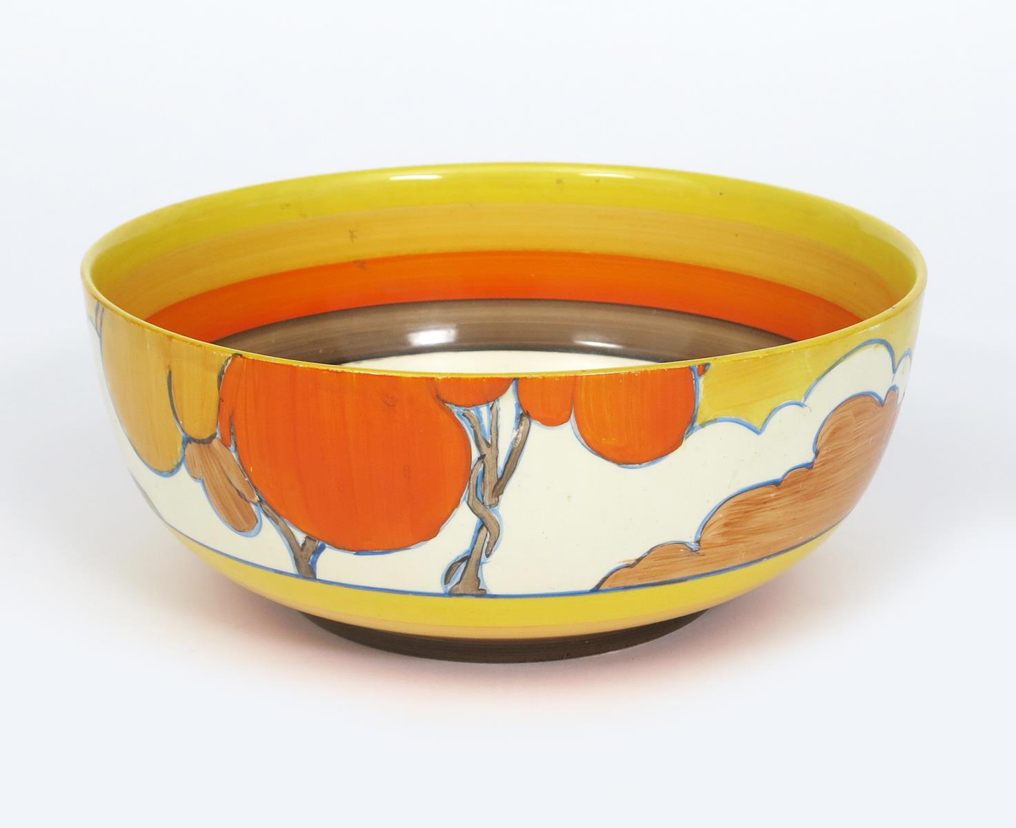 'Orange Autumn' a Clarice Cliff Bizarre bowl, painted in colours, between yellow, orange and brown - Image 2 of 3