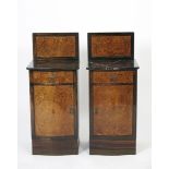 A pair of Art Deco calamander and burr wood bedside cupboards, each with a raised back above a black
