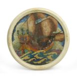 A watercolour design of a Man O' War, circular, possibly designed for a mosaic, framed, unsigned,