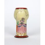 'Applique Idyll' a Clarice Cliff Bizarre 269 vase, painted in colours, between red and black bands