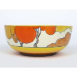 'Orange Autumn' a Clarice Cliff Bizarre bowl, painted in colours, between yellow, orange and brown