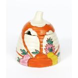 'Fruitburst' a Clarice Cliff honeypot and cover, painted in colours printed Clarice Cliff mark,