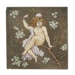 A large Aesthetic Movement tile probably designed by William Stephen Coleman, painted with a young