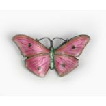 A John Atkins & Sons silver and enamel butterfly brooch, model no.1085, cast and enamelled in pink