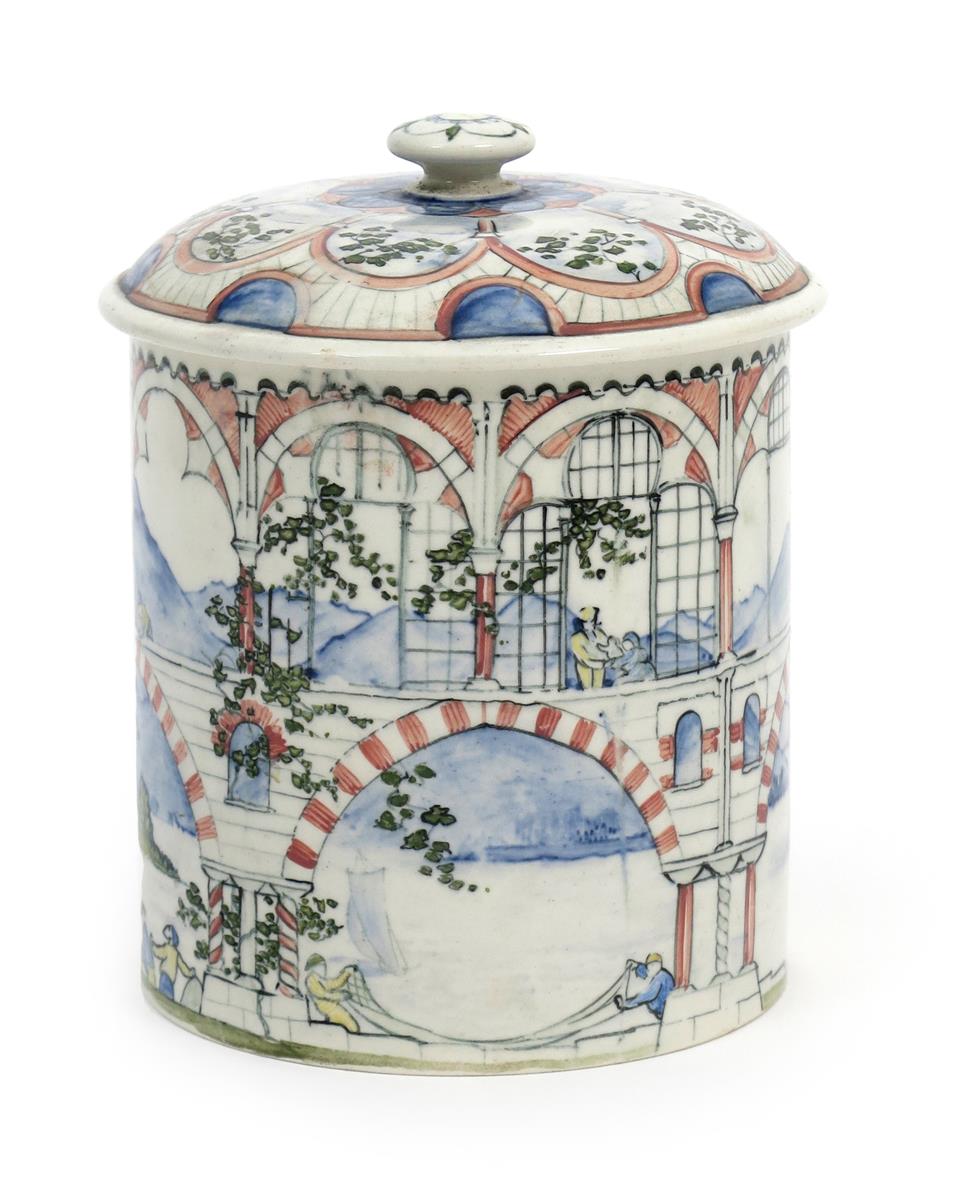 A Wedgwood Pottery jar and cover by Alfred Powell, cylindrical form, painted with oriental fishermen