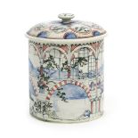 A Wedgwood Pottery jar and cover by Alfred Powell, cylindrical form, painted with oriental fishermen