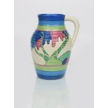 'Rudyard' a Clarice Cliff Bizarre single-handled Lotus jug, painted in colours between blue and