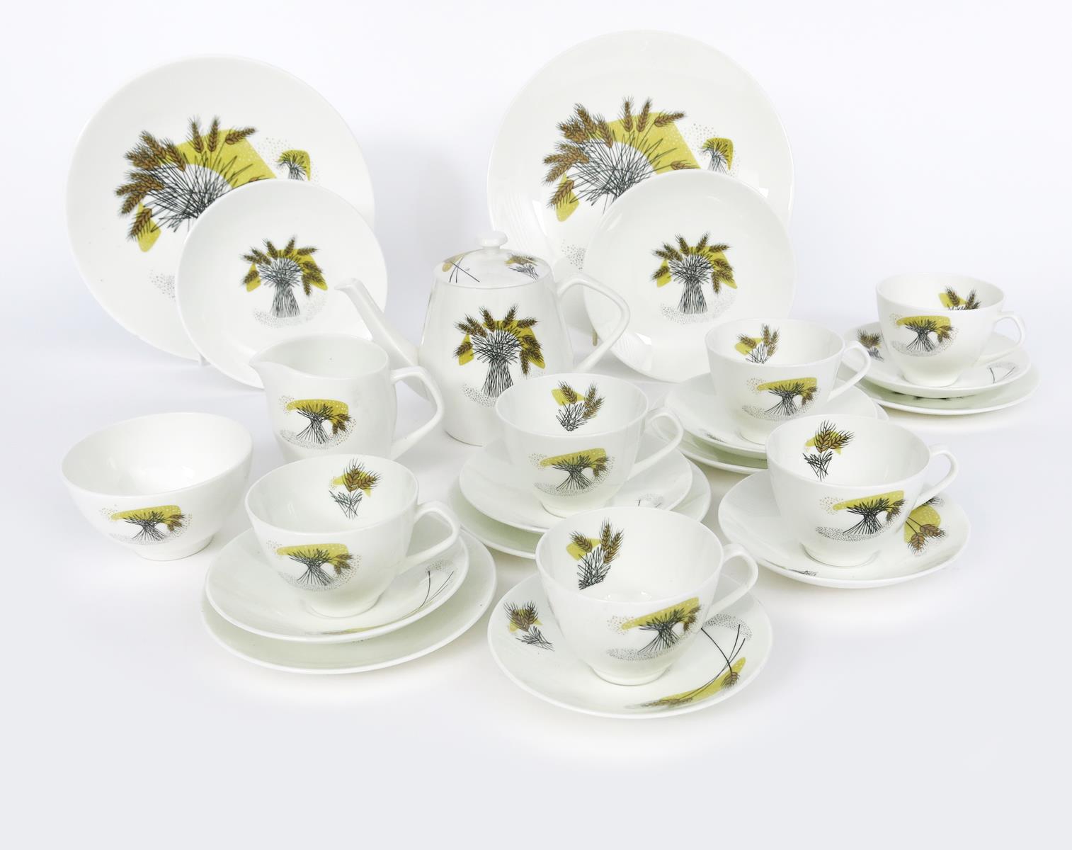 A Crown Staffordshire Queensberry tea set for six designed by David Queensberry, printed in black