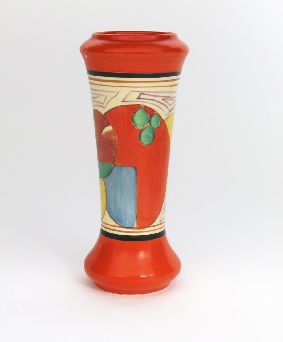 'Melon' a Clarice Cliff Fantasque Bizarre vase, painted in colours between orange and black bands,