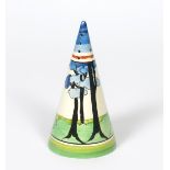 'Blue Firs' a Clarice Cliff Bizarre Conical sugar sifter, painted in colours printed factory