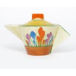 'Crocus' a Clarice Cliff Bizarre Conical teapot and cover, painted in colours between yellow and