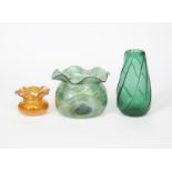 An Art Nouveau Thomas Webb iridescent green glass vase, the dimpled square body with everted