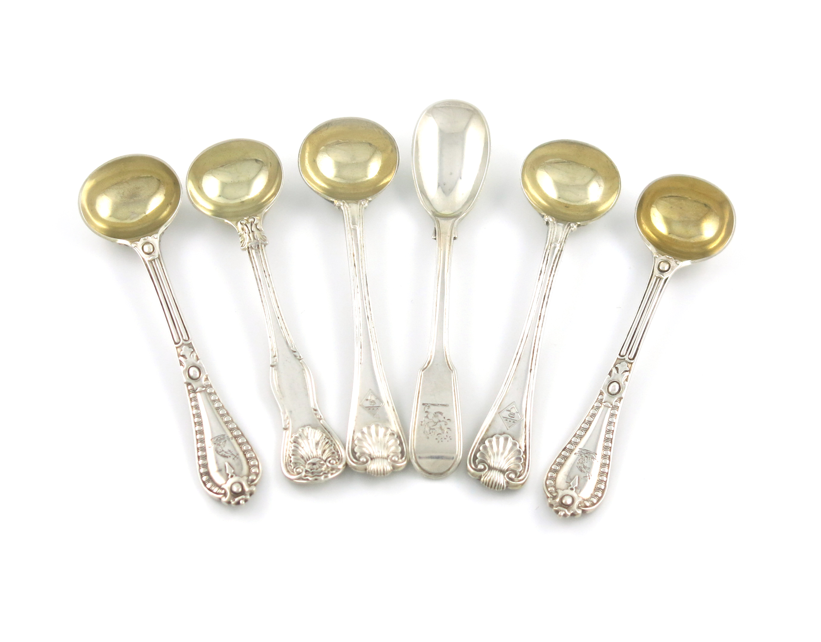 A small collection of six Victorian silver condiment spoons, by George Adams, London, comprising: