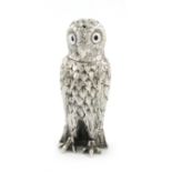 A late-Victorian novelty silver owl pepper pot, by George Unite, Birmingham 1884, modelled in a