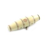 λA George III gold-mounted ivory toothpick box, unmarked circa 1800, barrel form, plain banding, the