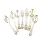 Seven Victorian silver forks and spoons, by George Adams, London, comprising: a silver-gilt Cherub