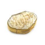 λAn 18th century gilt-metal mounted and mother-of-pearl snuff box, unmarked, circa 1760, cartouche