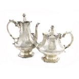 λA Victorian silver coffee pot and teapot, by The Barnards, London 1844, panelled baluster form, the