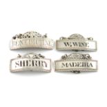A small collection of four antique silver wine labels, various dates and makers, two unmarked,
