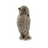 A late-Victorian novelty silver owl mustard pot, by George Unite, Birmingham 1900, modelled in a