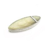 A George III silver and mother-of-pearl toothpick box, unmarked, circa 1800, oval navette form,