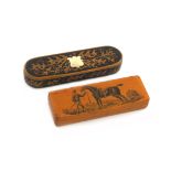 A 19th century Mauchline ware toothpick box, rectangular form, the hinged cover with a scene of a