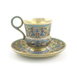 A late 19th century Russian silver-gilt and enamel cup and saucer, maker's mark B.A, circa 1890,