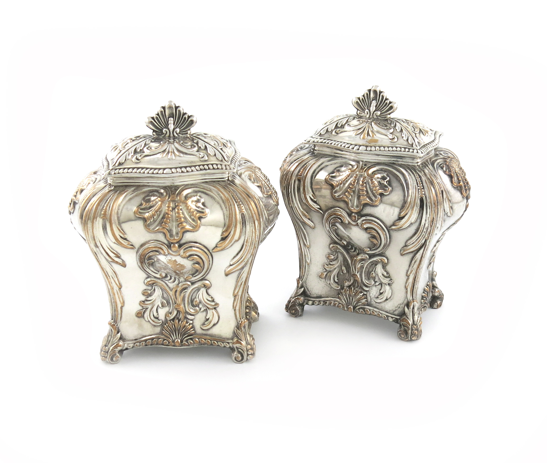 A pair of George III old Sheffield plated tea caddies, by Henry Tudor and Co., circa 1765, bombé