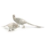 A pair of modern cast silver pheasants, by C.F. Hancock and Co, London 1999, modelled in standing